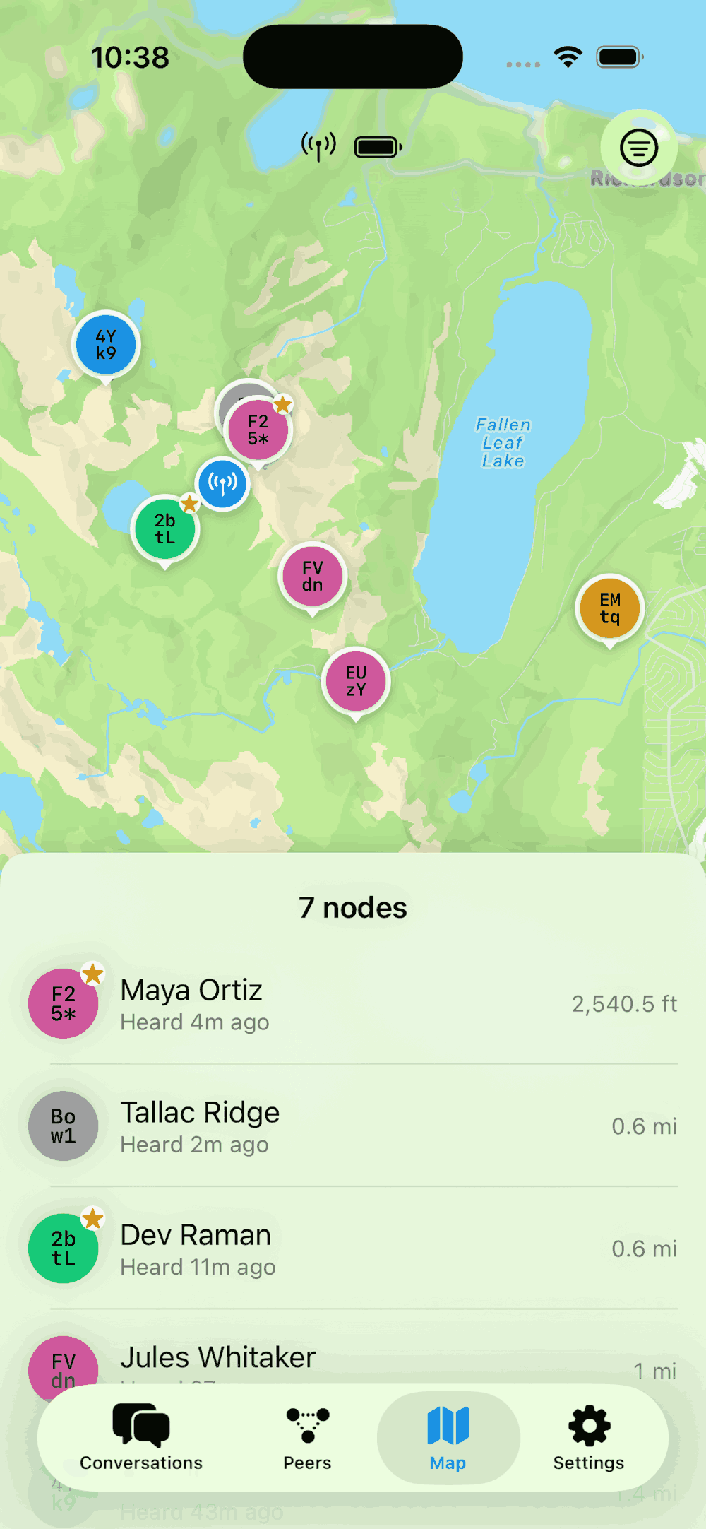 The map view in the UMSH app, showing several nodes and their locations.