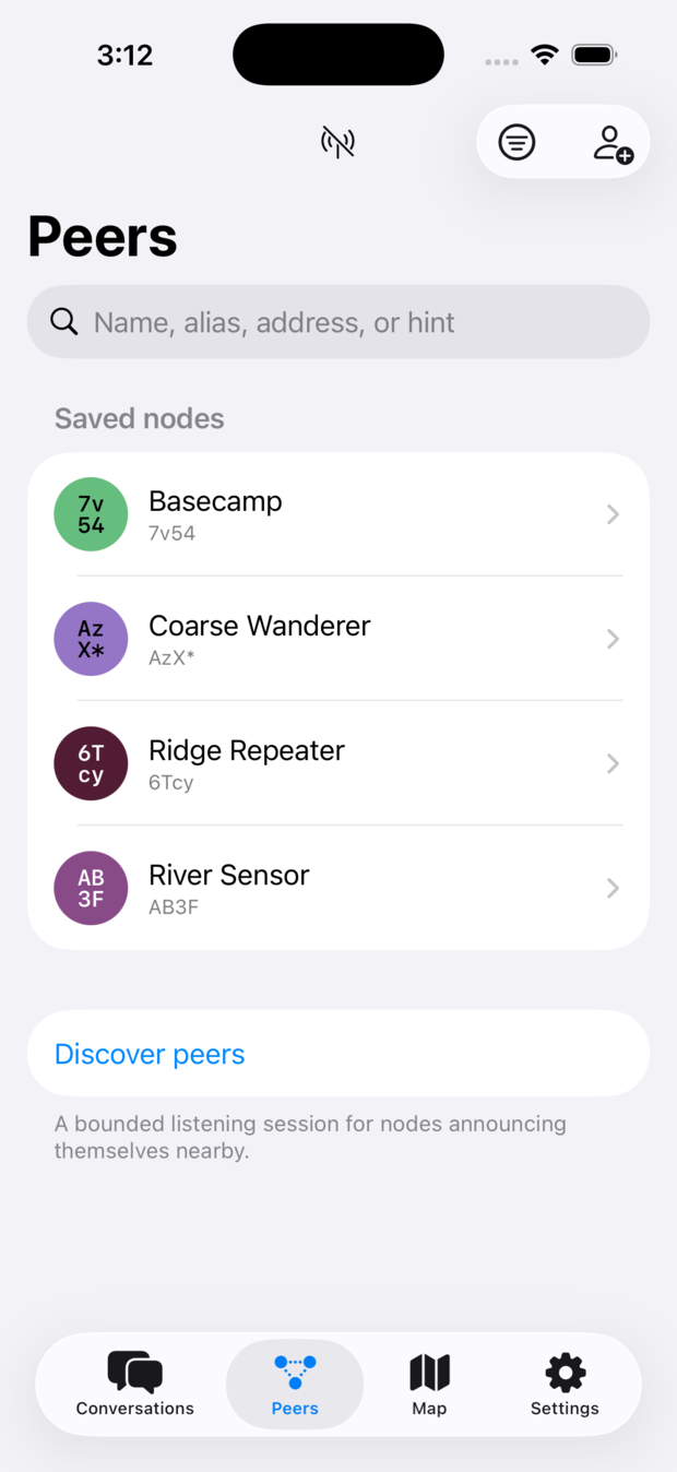 The peers list in the UMSH app, showing four saved nodes with their address hints.