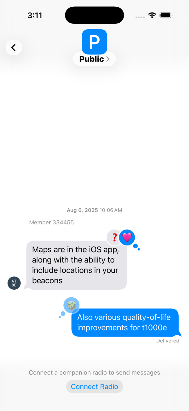 A group conversation in the UMSH app, with reactions on two messages and a delivery receipt.