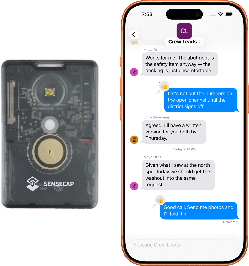 A SenseCAP T1000-E radio beside an iPhone showing a UMSH group conversation